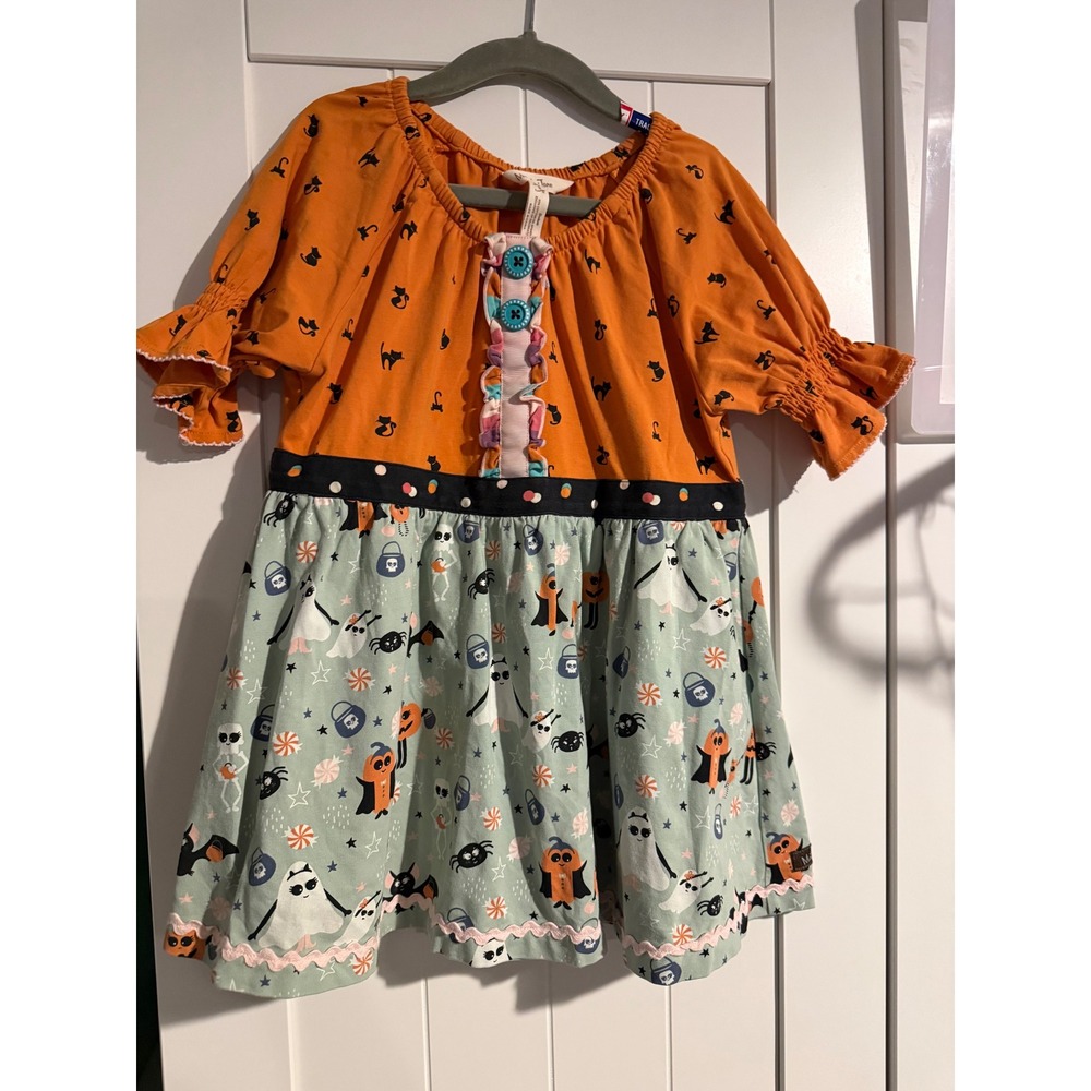 Matilda Jane Halloween Dress Girls Size 8 Orange Cat Ghost Pumpkin Mixed Print